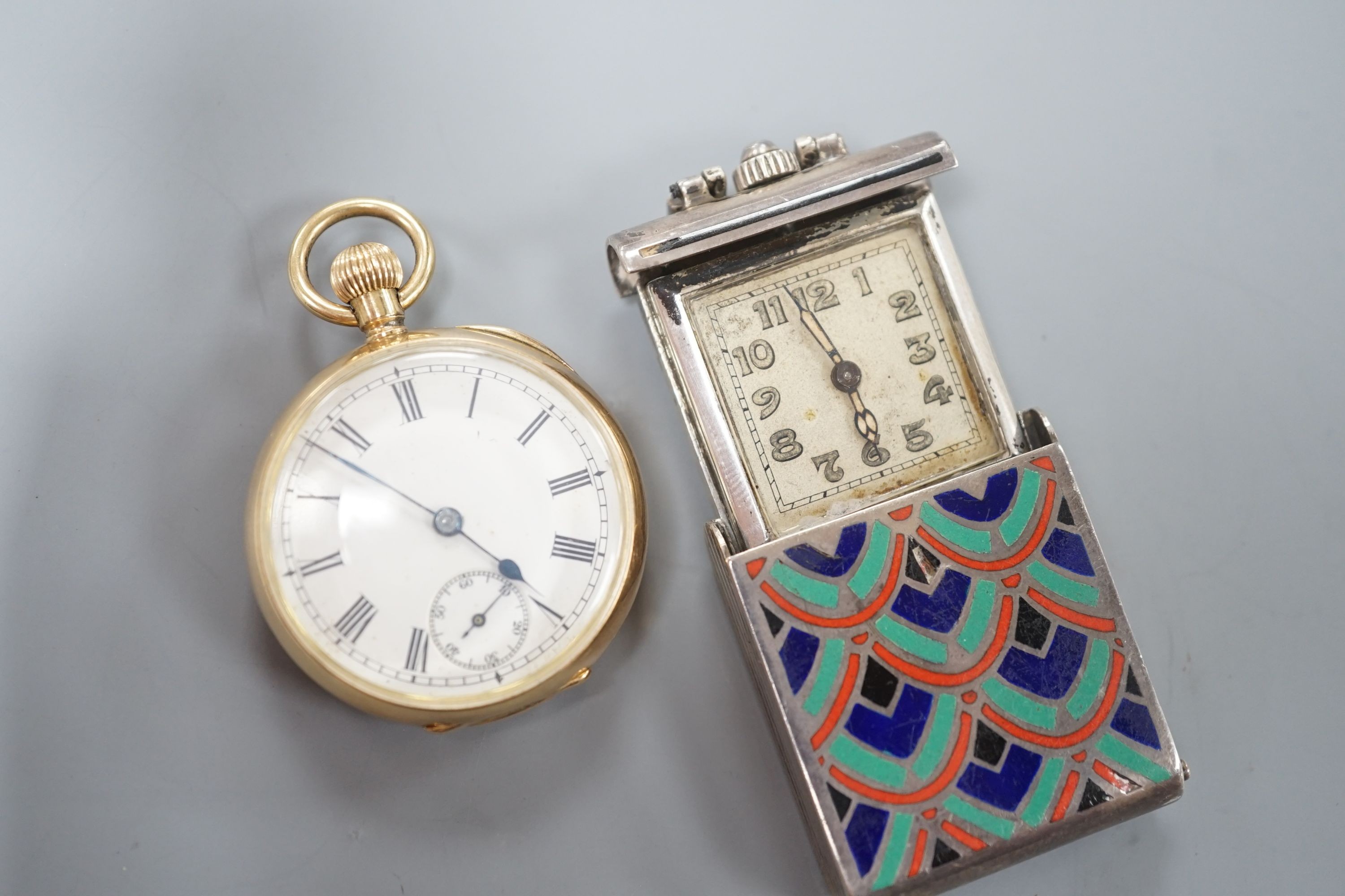 A 14ct open face fob watch, the inner case stamped Omega, case diameter 30mm, gross weight 29.6 grams and a Swiss white metal and polychrome enamel travelling watch.